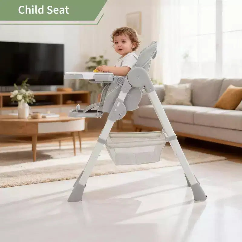 Seggiolone Pappa Pieghevole per Bambini con Imbracatura a 5 Punti - Altezza Regolabile, Vassoio Rimovibile e Ruote Bloccabili, Seggiolone Portatile in Pelle PU (Grigio Scuro)