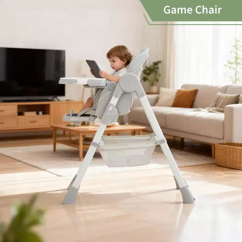 Seggiolone Pappa Pieghevole per Bambini con Imbracatura a 5 Punti - Altezza Regolabile, Vassoio Rimovibile e Ruote Bloccabili, Seggiolone Portatile in Pelle PU (Grigio Scuro)