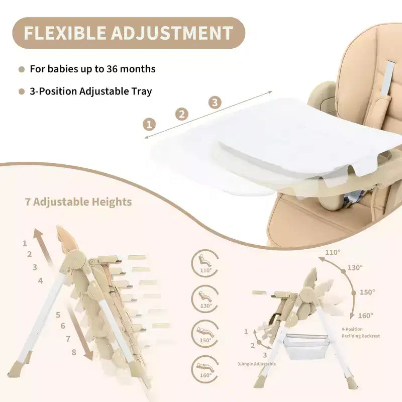 Seggiolone Pappa Pieghevole per Bambini con Imbracatura a 5 Punti - Altezza Regolabile, Vassoio Rimovibile e Ruote Bloccabili, Seggiolone Portatile in Pelle PU (Grigio Scuro)