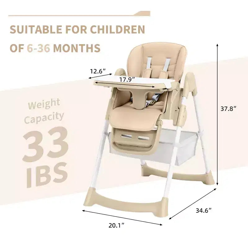 Seggiolone Pappa Pieghevole per Bambini con Imbracatura a 5 Punti - Altezza Regolabile, Vassoio Rimovibile e Ruote Bloccabili, Seggiolone Portatile in Pelle PU (Grigio Scuro)