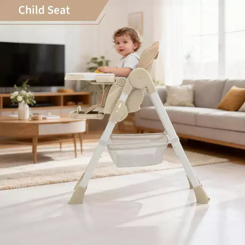 Seggiolone Pappa Pieghevole per Bambini con Imbracatura a 5 Punti - Altezza Regolabile, Vassoio Rimovibile e Ruote Bloccabili, Seggiolone Portatile in Pelle PU (Grigio Scuro)