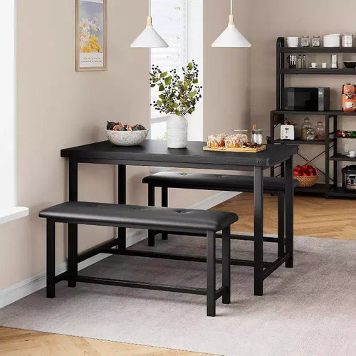 3-Piece Small Farmhouse Dining Tables for 4, 44.4 Rectangular Wood Table with 2 Upholstered Benches,Kitchen Table Set for 4