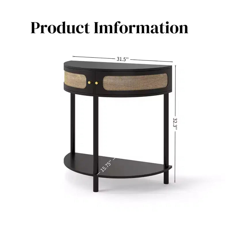 Consolle d'ingresso FurnitureR a mezza luna con frontale in rattan, ripiano in MDF e gambe in legno massello, tavolino console da 80 cm con cassetto portaoggetti per corridoio e soggiorno