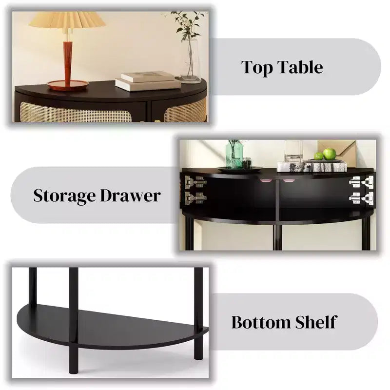 Consolle d'ingresso FurnitureR a mezza luna con frontale in rattan, ripiano in MDF e gambe in legno massello, tavolino console da 80 cm con cassetto portaoggetti per corridoio e soggiorno