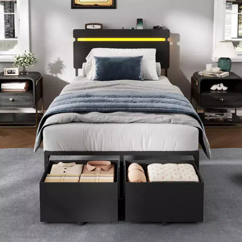 Black Twin Bed Frame with Storage Drawers and Shelf Built in Charging Station LED Lights Metal Platform Support Wood Headboard Industrial