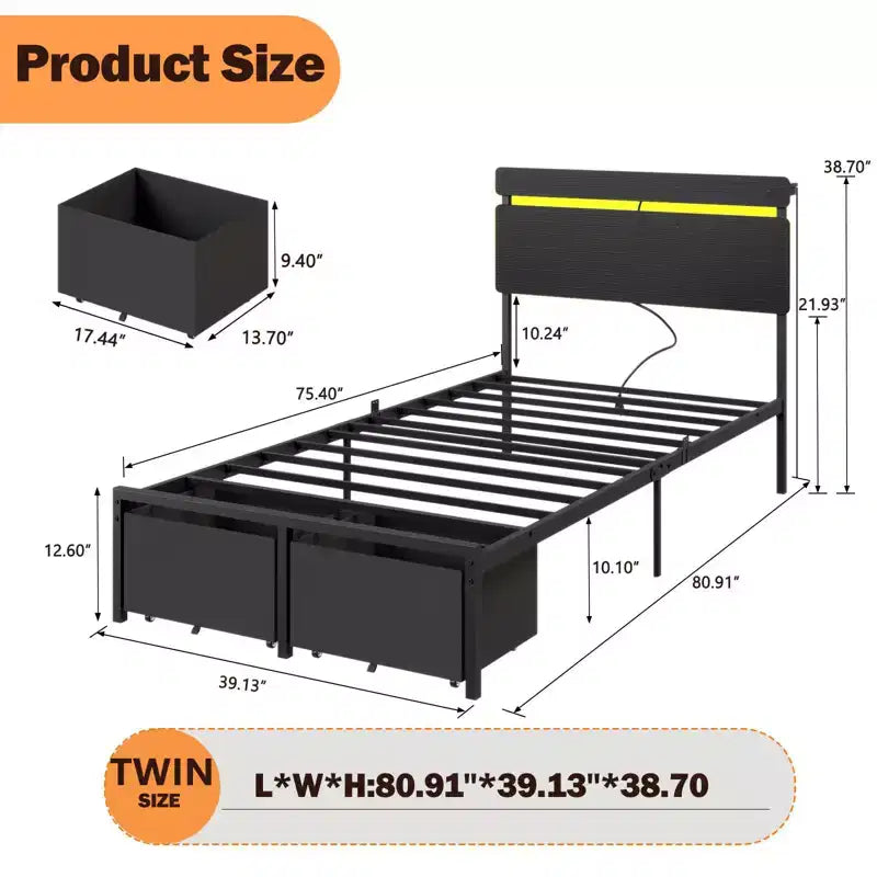 Struttura Letto Singolo Nero con Cassetti Contenitori e Scaffale Incorporati, Stazione di Ricarica, Luci LED, Supporto in Metallo, Testiera in Legno, Stile Industriale