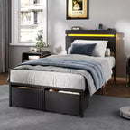Struttura Letto Singolo Nero con Cassetti Contenitori e Scaffale Incorporati, Stazione di Ricarica, Luci LED, Supporto in Metallo, Testiera in Legno, Stile Industriale