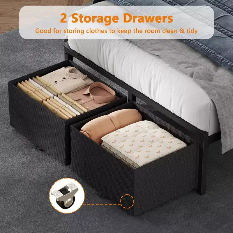 Struttura Letto Singolo Nero con Cassetti Contenitori e Scaffale Incorporati, Stazione di Ricarica, Luci LED, Supporto in Metallo, Testiera in Legno, Stile Industriale