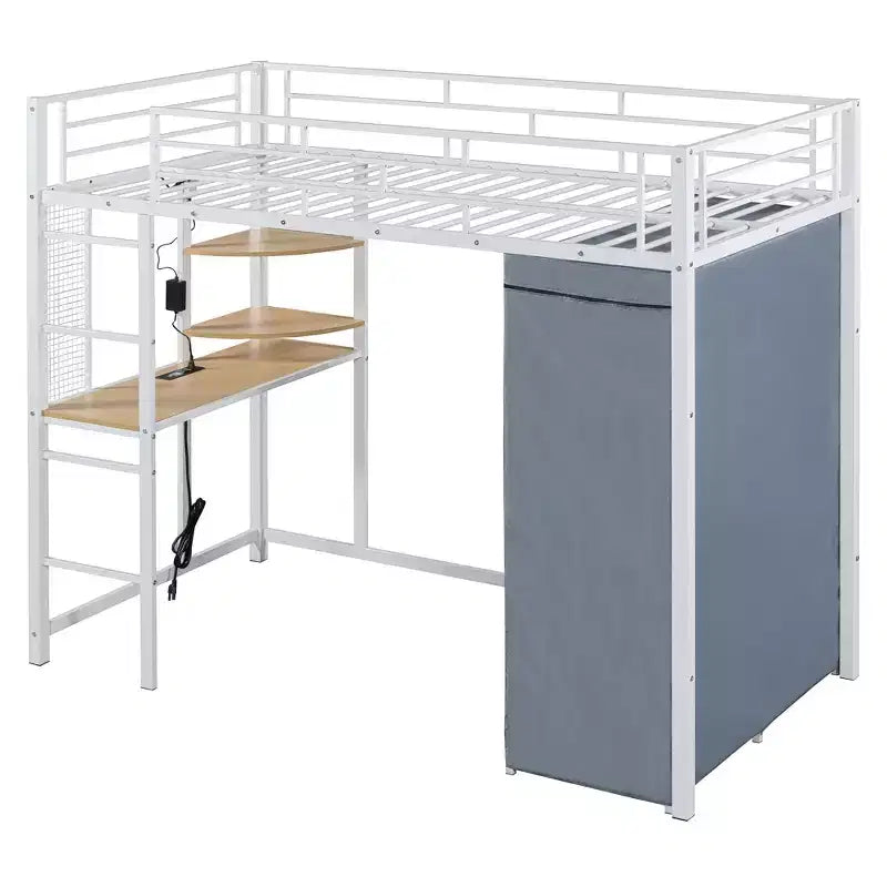 Letto a soppalco in metallo GDFStudio Meyer con scrivania, mensole, presa di corrente, luce LED e armadio