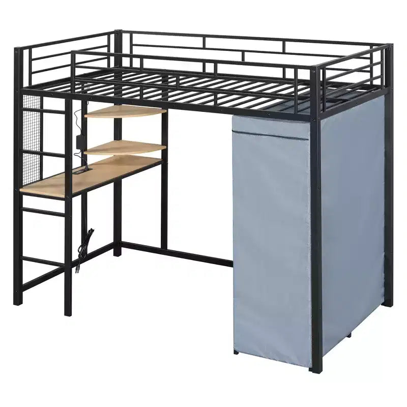 Letto a soppalco in metallo GDFStudio Meyer con scrivania, mensole, presa di corrente, luce LED e armadio