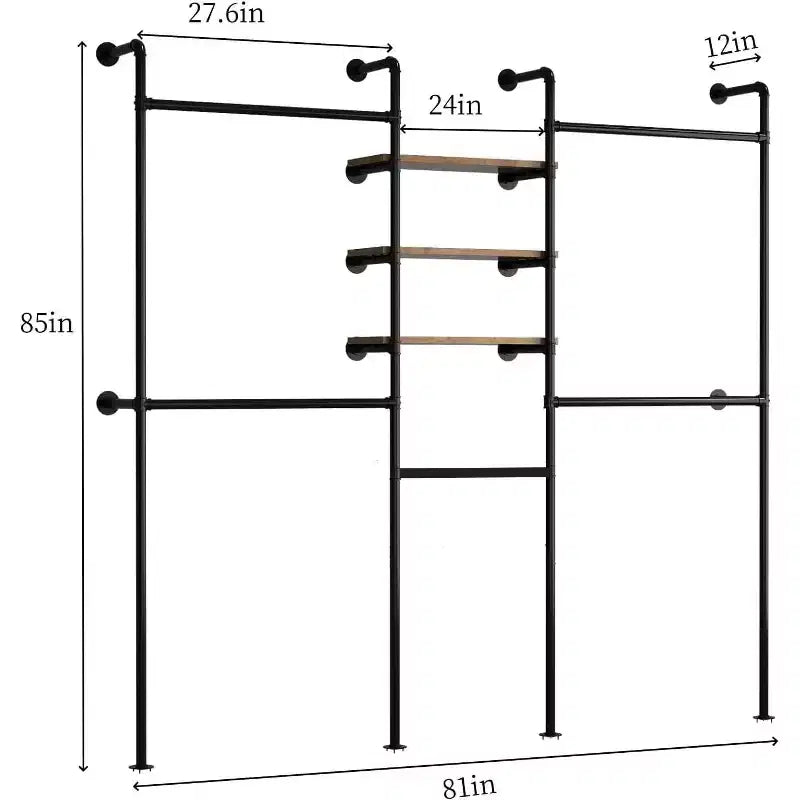 Appendiabiti industriali a tubo con 3 ripiani, stender appendiabiti a parete nero, appendiabiti resistente per cabina armadio