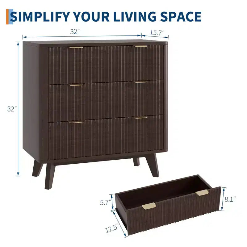 Comodino moderno a 32 scanalature - Piano in finto marmo e 3 cassetti - Grande comodino in noce per camera da letto, soggiorno, corridoio