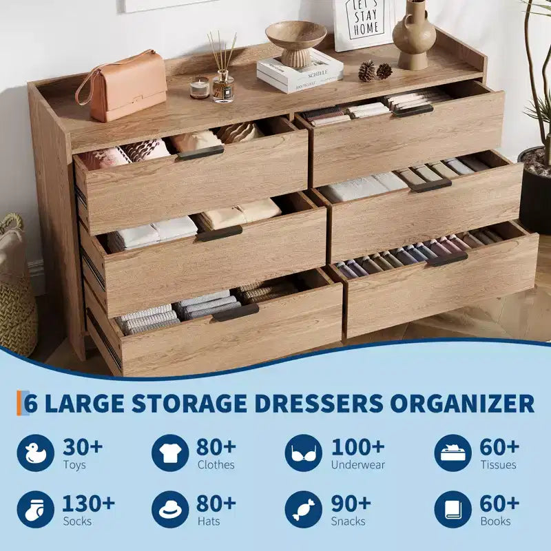 Cassettiera a 6 cassetti per camera da letto, Comò moderno in legno da 52,5", Organizer per armadio e porta TV per soggiorno, corridoio e mobili da camera da letto