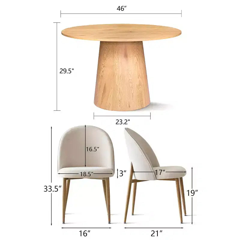 Set da tavolo da pranzo rotondo a 5 pezzi in rovere, tavolo con piedistallo da 46 e 4 sedie imbottite con gambe in metallo color rovere per cucina o sala da pranzo-Panipeachy