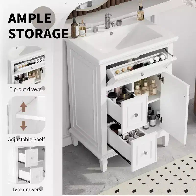 Mobile Bagno con Lavabo, Mobile Sottolavabo con 1 Cassetto a Ribalta, 2 Cassetti e Ripiano Regolabile, Mobile Lavabo Singolo Autoportante Bianco