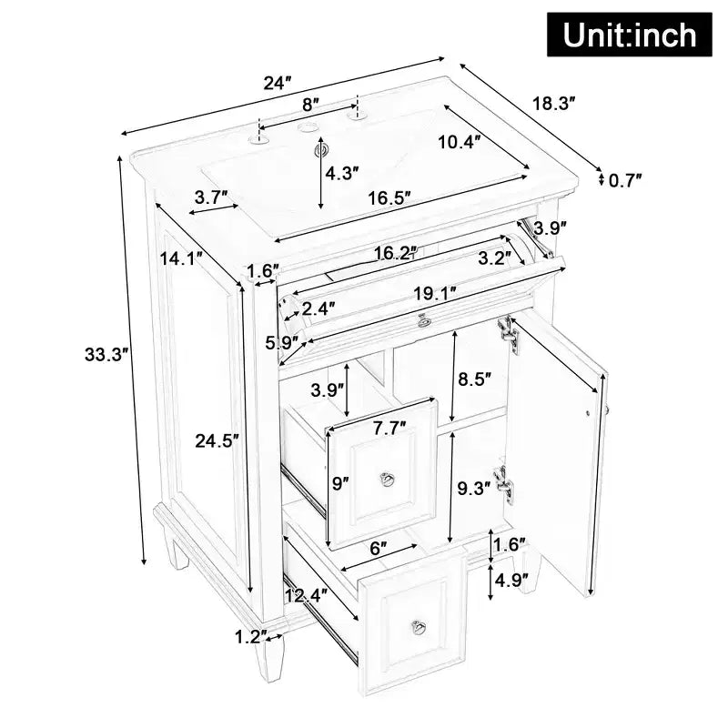 Mobile Bagno con Lavabo, Mobile Sottolavabo con 1 Cassetto a Ribalta, 2 Cassetti e Ripiano Regolabile, Mobile Lavabo Singolo Autoportante Bianco
