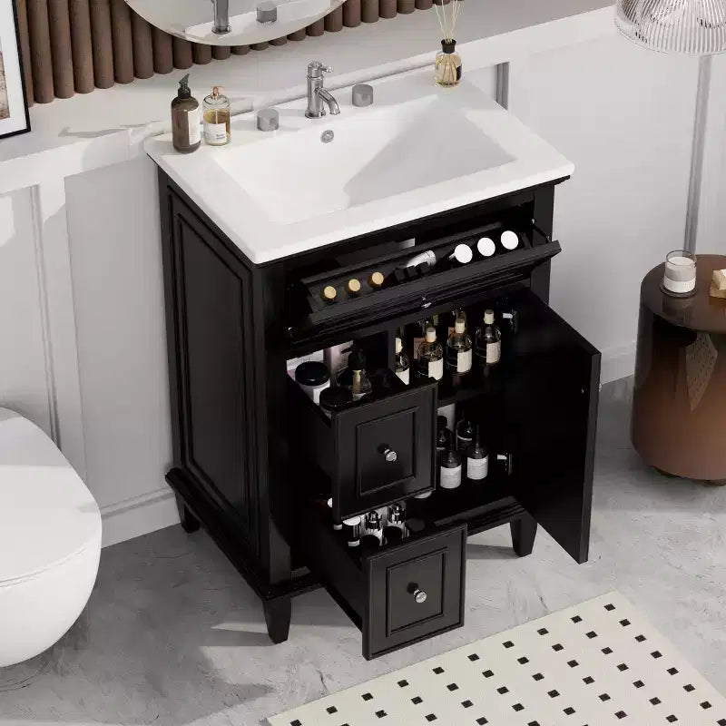 Mobile Bagno con Lavabo, Mobile Sottolavabo con 1 Cassetto a Ribalta, 2 Cassetti e Ripiano Regolabile, Mobile Lavabo Singolo Autoportante Bianco