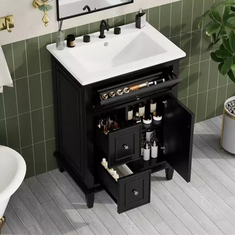 Mobile Bagno con Lavabo, Mobile Sottolavabo con 1 Cassetto a Ribalta, 2 Cassetti e Ripiano Regolabile, Mobile Lavabo Singolo Autoportante Bianco