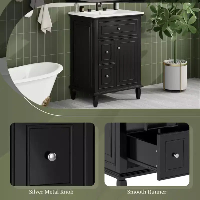 Mobile Bagno con Lavabo, Mobile Sottolavabo con 1 Cassetto a Ribalta, 2 Cassetti e Ripiano Regolabile, Mobile Lavabo Singolo Autoportante Bianco