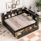 Full Size L-shaped Bookcases Bed with Power Outlets, USB Charging Ports,Two Drawers,Espresso Full Size L-shaped Bookcases Bed