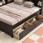 Letto matrimoniale con libreria a L a grandezza naturale con prese di corrente, porte di ricarica USB, due cassetti, letto matrimoniale a L con libreria color espresso
