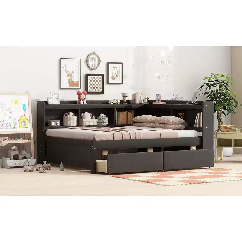Letto matrimoniale con libreria a L a grandezza naturale con prese di corrente, porte di ricarica USB, due cassetti, letto matrimoniale a L con libreria color espresso
