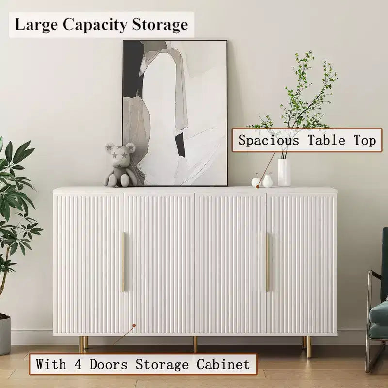 JVNOXK Madia Moderna da 144 cm con Funzione Contenitore, Credenza Grande con Pannelli Laterali Scanalati e Ripiani Regolabili, Bianco
