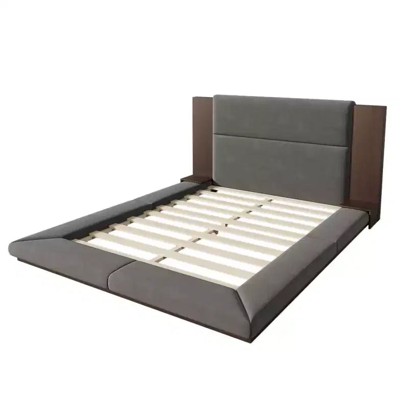 GDFStudio Bacon, letto a piattaforma rivestito in tessuto con testiera in legno allungata e comodini incorporati