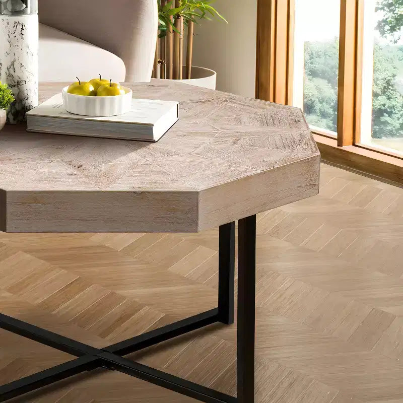 TUYOHW 29.1 Tavolino da caffè vintage per soggiorno, tavolino centrale ottagonale in legno con base a incrocio in acciaio, tavolino da cocktail da 30 pollici