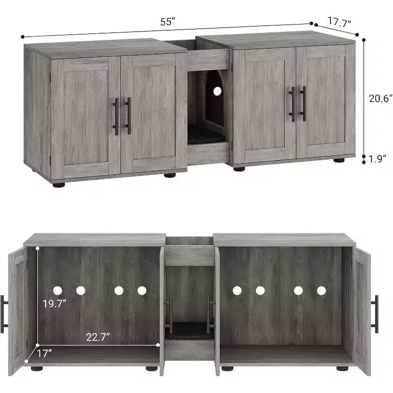 Mobile Copri Lettiera per Gatti da 55 Pollici, Box Lettiera Grande 3-IN-1 con Doppie Stanze, Gabinetto in Legno in Stile Rustico, Mobile Copri Lettiera Nascosto