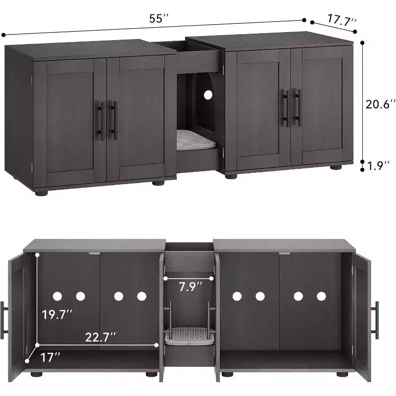 Mobile Copri Lettiera per Gatti da 55 Pollici, Box Lettiera Grande 3-IN-1 con Doppie Stanze, Gabinetto in Legno in Stile Rustico, Mobile Copri Lettiera Nascosto