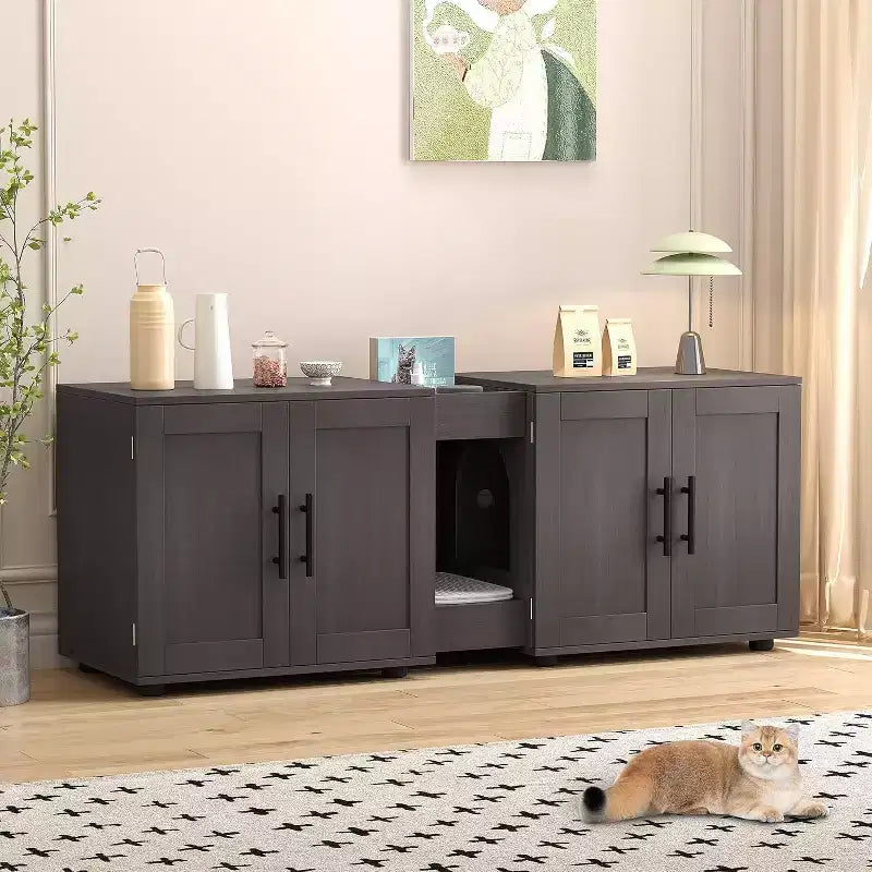 Mobile Copri Lettiera per Gatti da 55 Pollici, Box Lettiera Grande 3-IN-1 con Doppie Stanze, Gabinetto in Legno in Stile Rustico, Mobile Copri Lettiera Nascosto