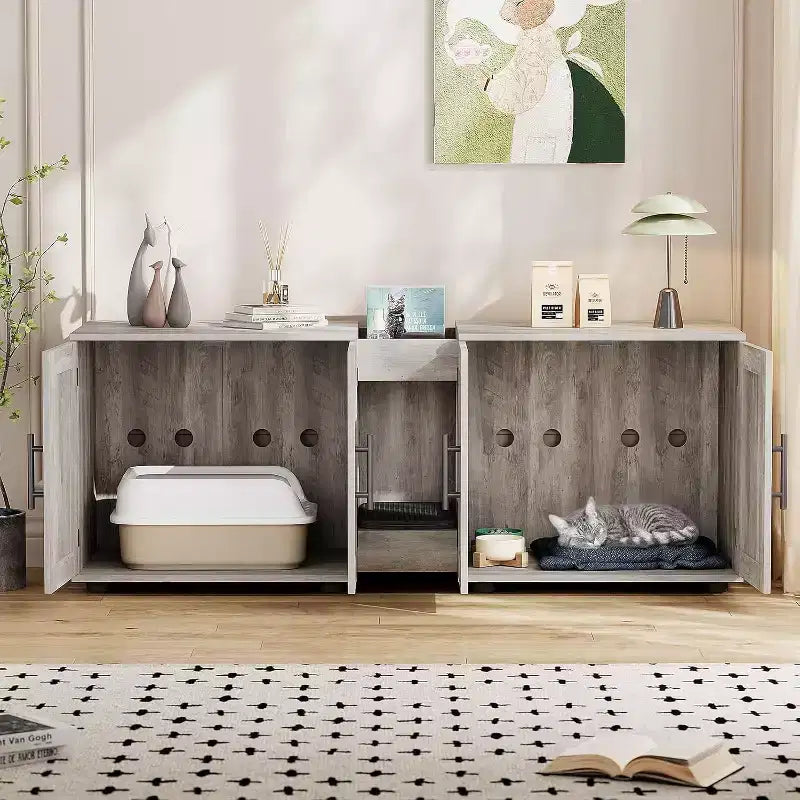 Mobile Copri Lettiera per Gatti da 55 Pollici, Box Lettiera Grande 3-IN-1 con Doppie Stanze, Gabinetto in Legno in Stile Rustico, Mobile Copri Lettiera Nascosto