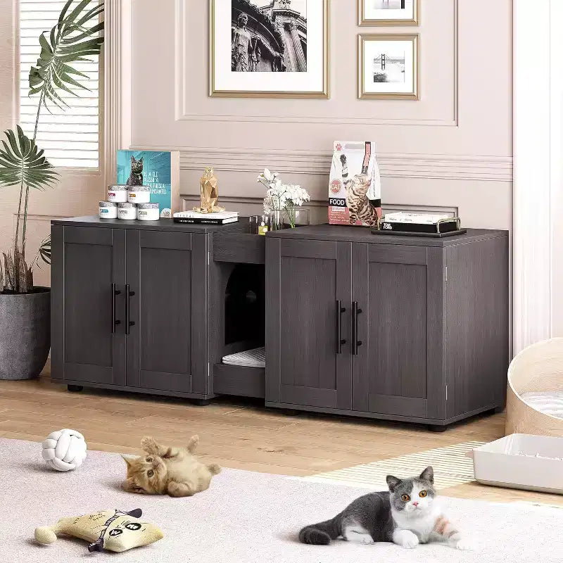 Mobile Copri Lettiera per Gatti da 55 Pollici, Box Lettiera Grande 3-IN-1 con Doppie Stanze, Gabinetto in Legno in Stile Rustico, Mobile Copri Lettiera Nascosto