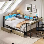 Corner Bed Frame Twin Size with Bookcase and 2 Underbed Storage Drawers, Modern Twin Bed Modern Daybed Reversible Left or Right, Grey