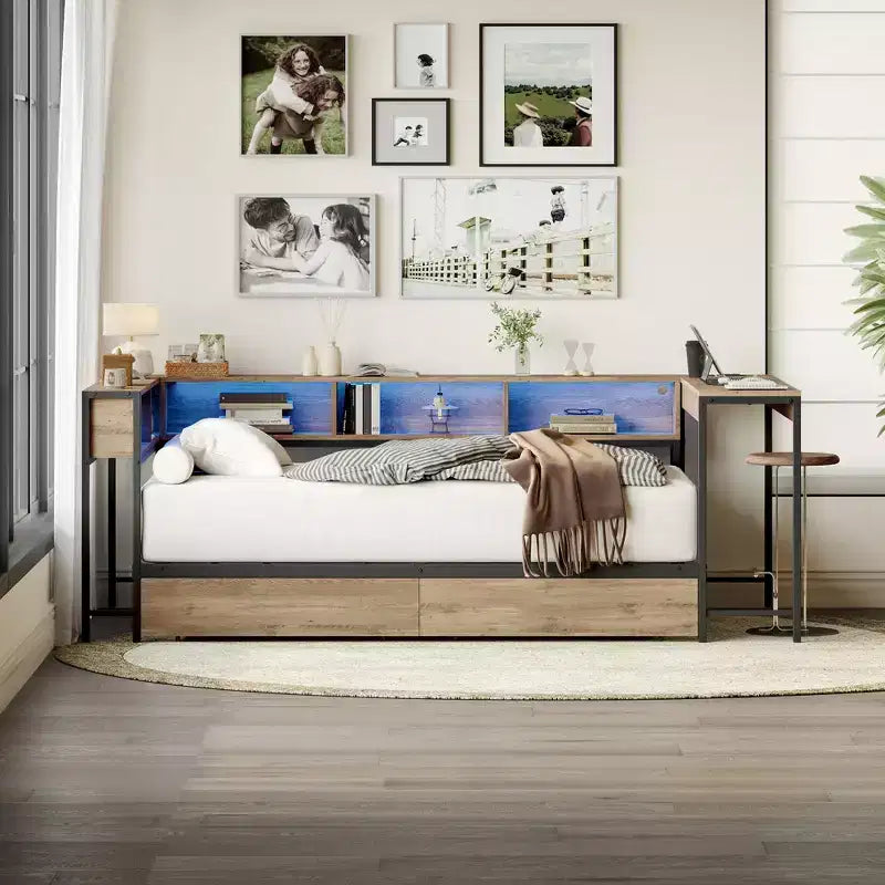 Base Letto ad Angolo Singola con Libreria e 2 Cassetti Contenitori Sottoletto, Letto Singolo Moderno Letto a Giorno Moderno Reversibile Sinistra o Destra, Grigio