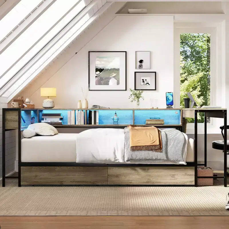Base Letto ad Angolo Singola con Libreria e 2 Cassetti Contenitori Sottoletto, Letto Singolo Moderno Letto a Giorno Moderno Reversibile Sinistra o Destra, Grigio