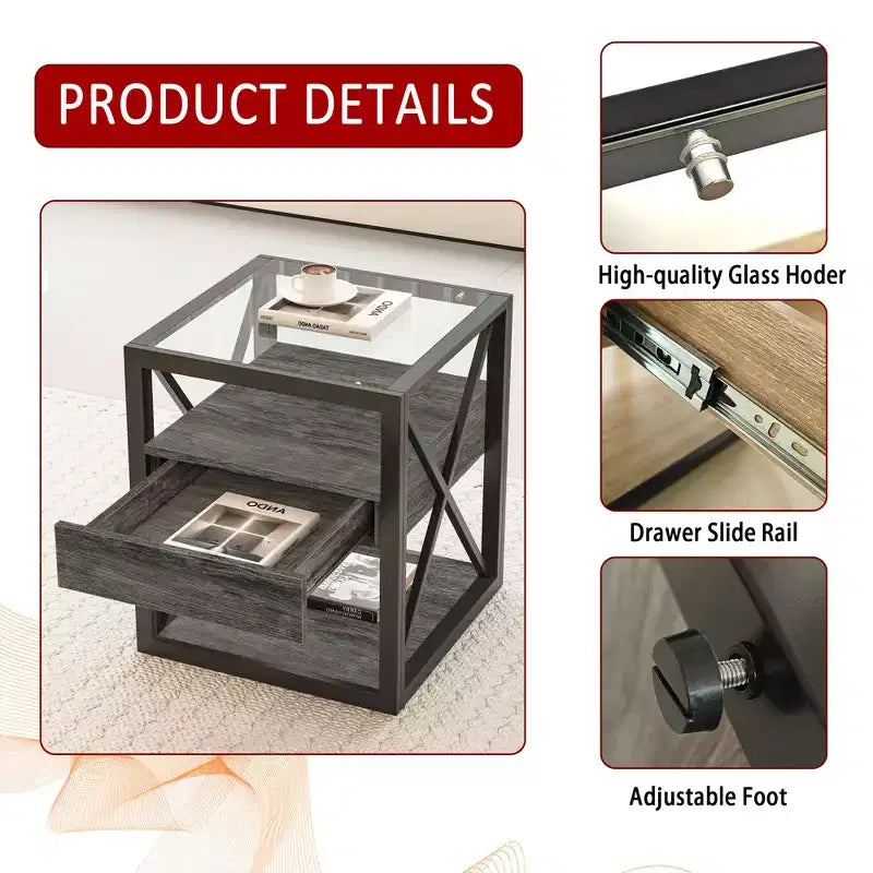 TUYOHW 1/2 comodini industriali con piano in vetro temperato e cassetto, tavolino con struttura a X, tavolino per soggiorno, camera da letto, ufficio domestico