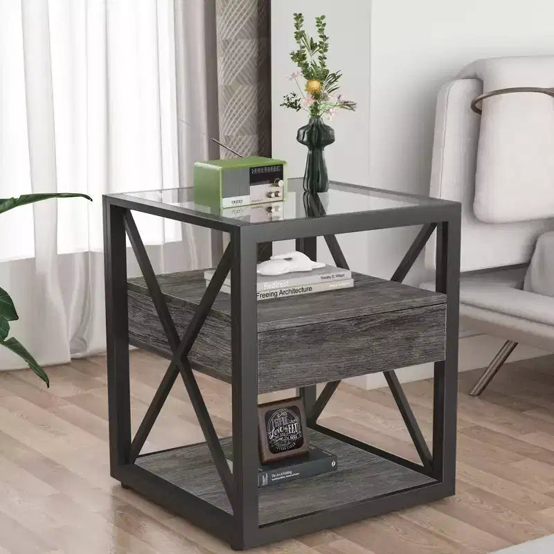 TUYOHW 1/2 comodini industriali con piano in vetro temperato e cassetto, tavolino con struttura a X, tavolino per soggiorno, camera da letto, ufficio domestico
