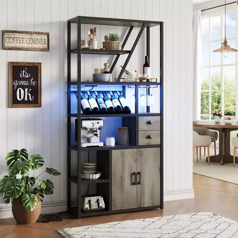 Armadietto per Bar Vino Alto 71 con Luce a LED, Scaffale Portabottiglie Industriale con Portabicchieri, Mobile Bar per Liquori con Ante, Supporto per Microonde Scaffale per Panettieri