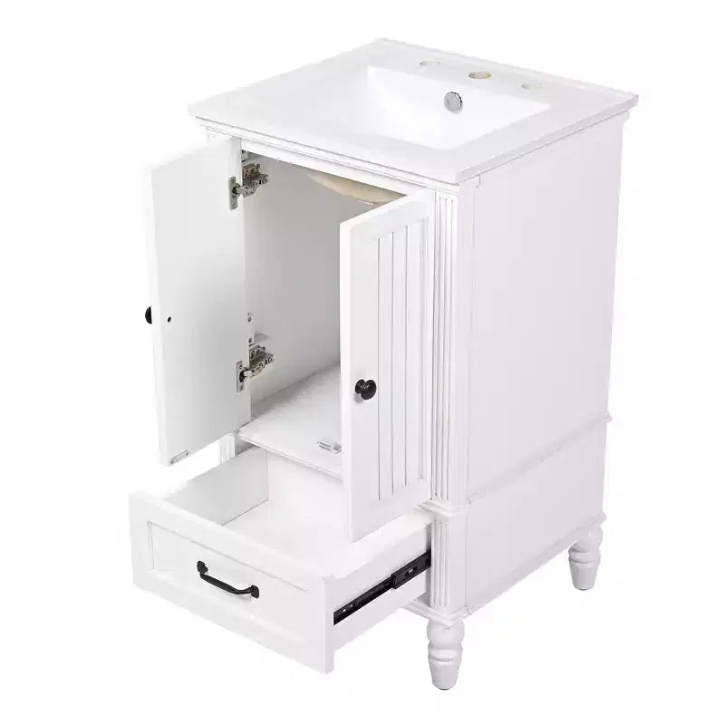 Mobile lavabo da bagno compatto da 20 pollici con contenitore, mobiletto da bagno in legno con cassetti e ante, bianco