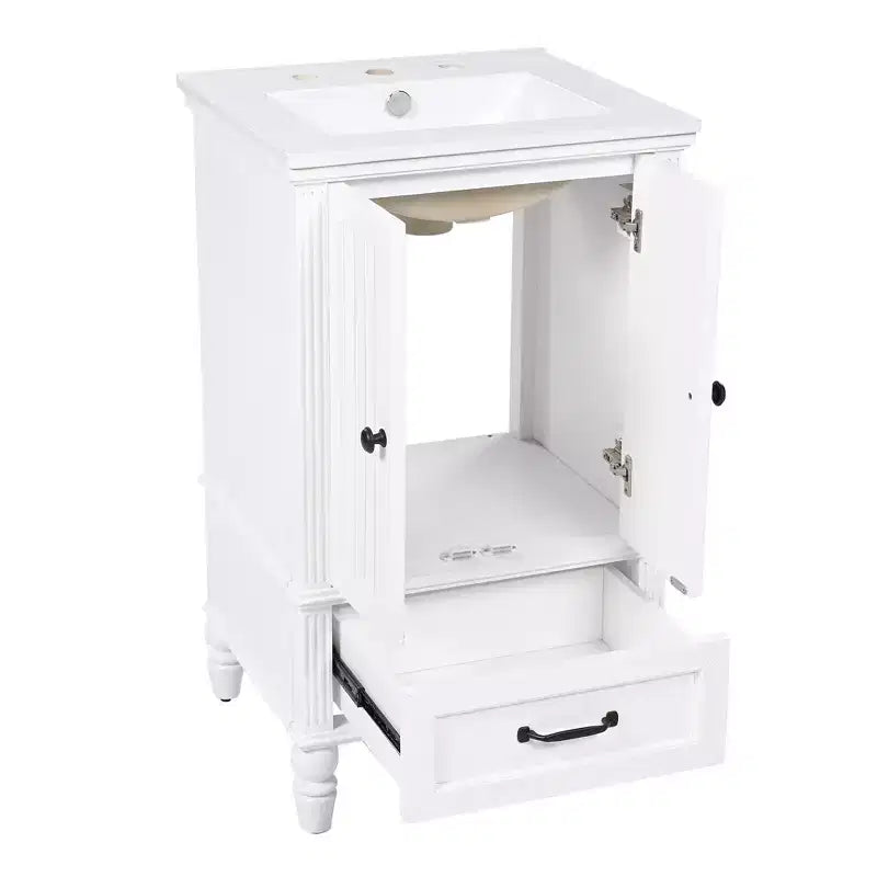 Mobile lavabo da bagno compatto da 20 pollici con contenitore, mobiletto da bagno in legno con cassetti e ante, bianco