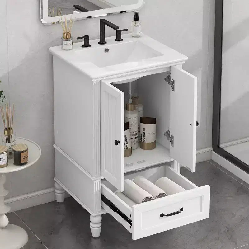 Mobile lavabo da bagno compatto da 20 pollici con contenitore, mobiletto da bagno in legno con cassetti e ante, bianco