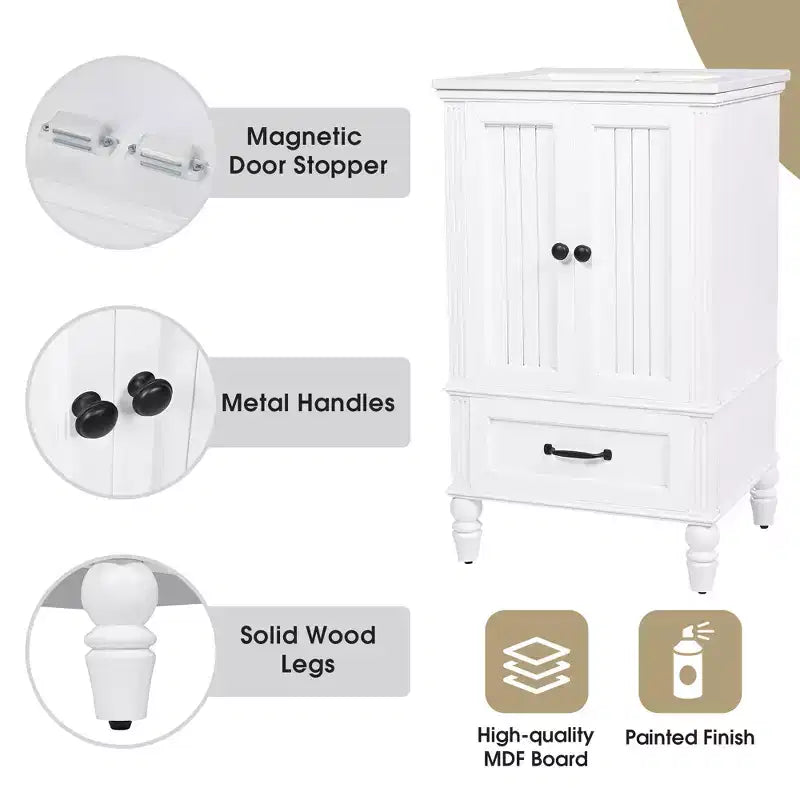 Mobile lavabo da bagno compatto da 20 pollici con contenitore, mobiletto da bagno in legno con cassetti e ante, bianco