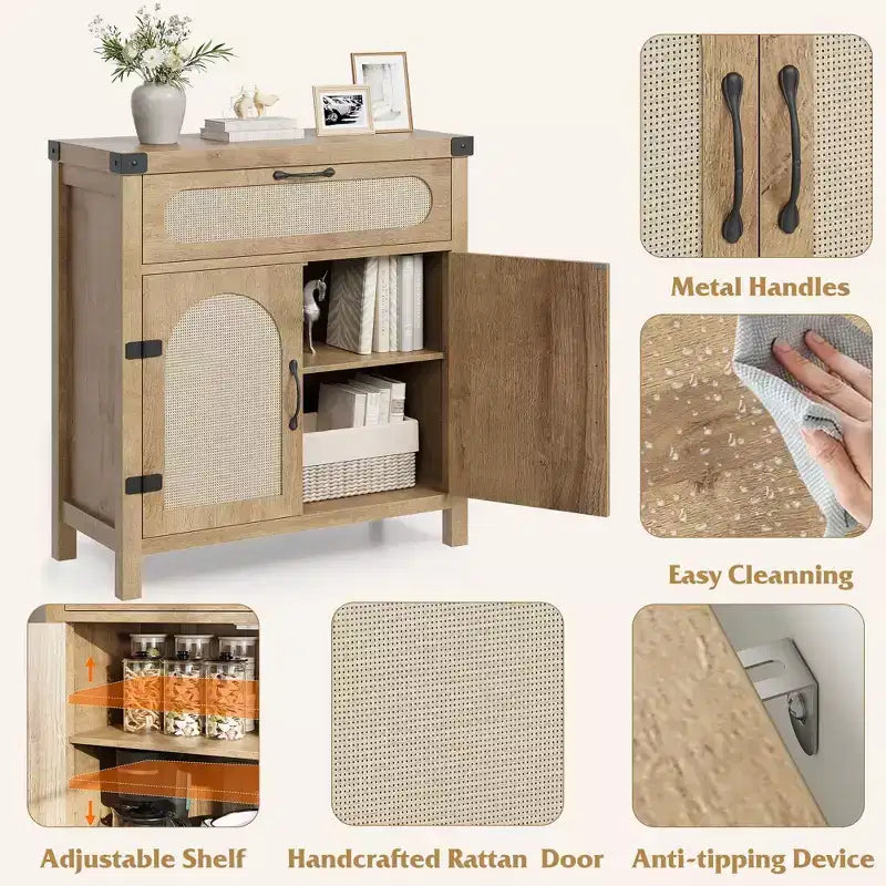 Credenza con finiture in rattan - Mobile buffet in legno naturale con cassetto e ripiani regolabili per sala da pranzo/soggiorno/cucina