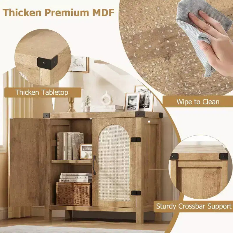 Credenza con finiture in rattan - Mobile buffet in legno naturale con cassetto e ripiani regolabili per sala da pranzo/soggiorno/cucina