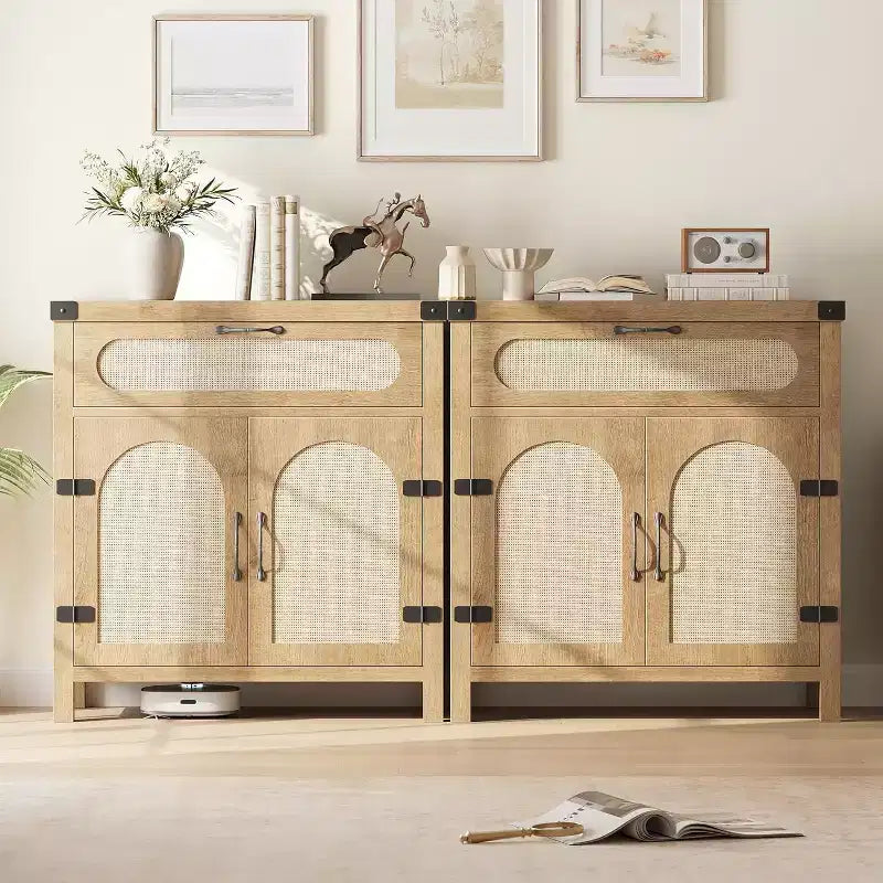 Credenza con finiture in rattan - Mobile buffet in legno naturale con cassetto e ripiani regolabili per sala da pranzo/soggiorno/cucina