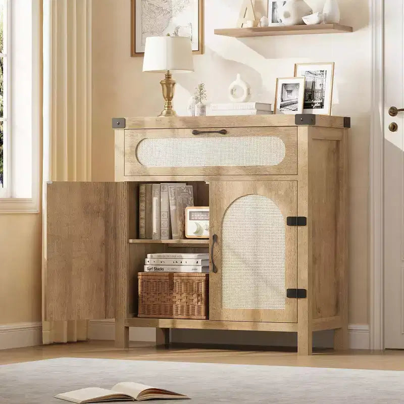 Credenza con finiture in rattan - Mobile buffet in legno naturale con cassetto e ripiani regolabili per sala da pranzo/soggiorno/cucina