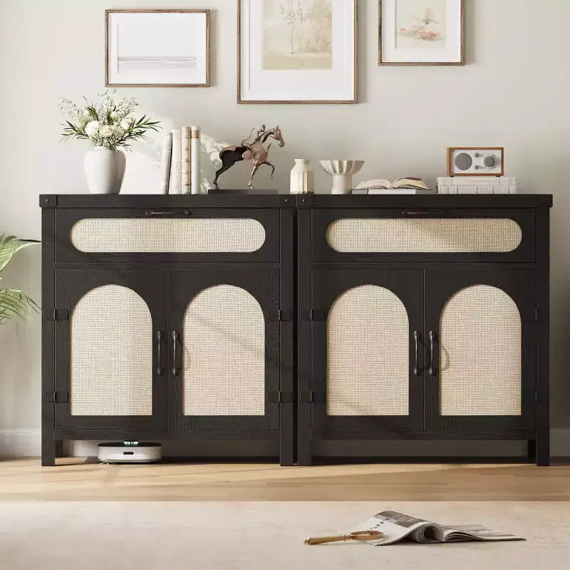 Credenza con finiture in rattan - Mobile buffet in legno naturale con cassetto e ripiani regolabili per sala da pranzo/soggiorno/cucina