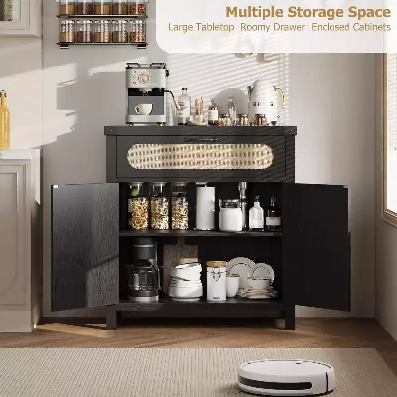 Credenza con finiture in rattan - Mobile buffet in legno naturale con cassetto e ripiani regolabili per sala da pranzo/soggiorno/cucina
